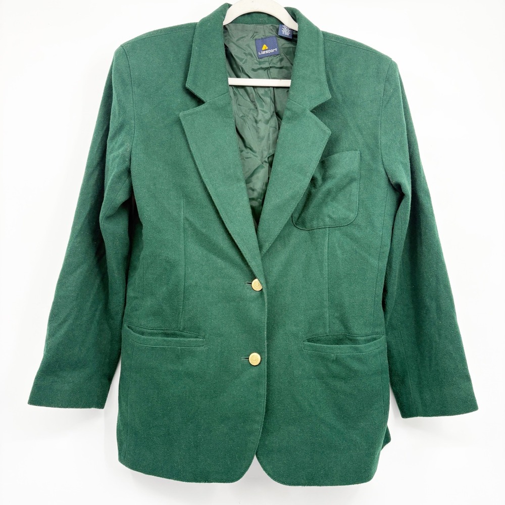 Lizsport Womens Vintage Wool Blend Gold Button Dark Academia Blazer Green Size 8
